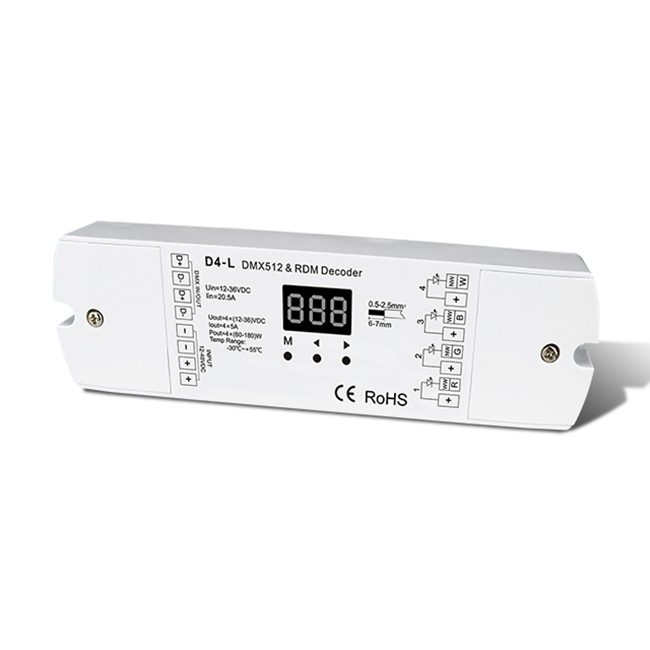 4CH Constant Voltage DMX512 & RDM Decoder D4-L For 12v LED strip lights 4CH Constant Voltage DMX512 & RDM Decoder D4-L For 12v LED strip lights